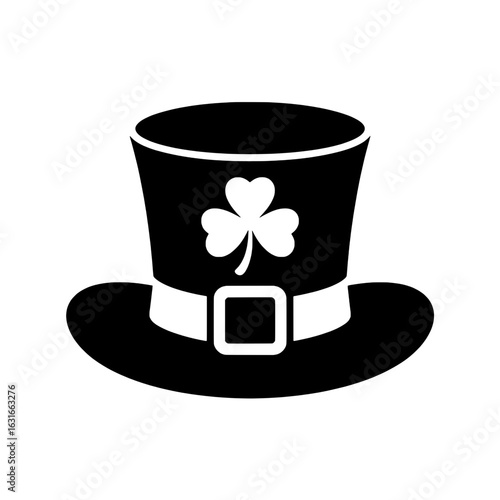 Black and white vector illustration of a leprechaun hat with shamrock and buckle. Monochrome St. Patrick's Day icon, simple graphic design element for festive projects. Single object, silhouette style
