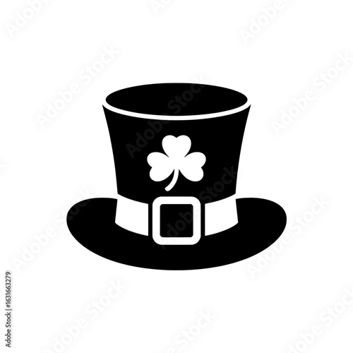 Black and white vector illustration of a leprechaun hat with shamrock and buckle. Monochrome St. Patrick's Day icon, Irish symbol graphic. Simple, flat design element for festive celebrations.