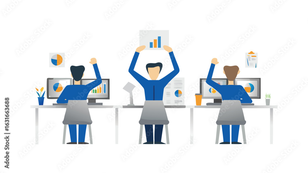 Obraz premium Three people celebrating success at their desks with charts and graphs on their computers and papers