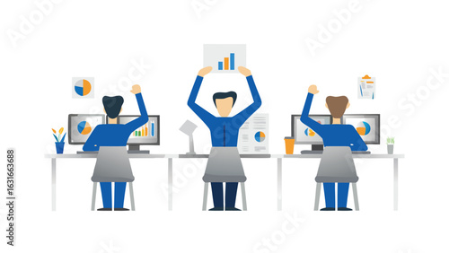 Three people celebrating success at their desks with charts and graphs on their computers and papers