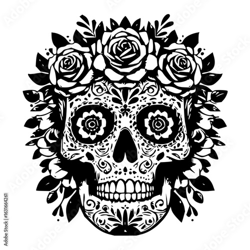 Detailed black and white sugar skull with floral crown and intricate decorative patterns illustration