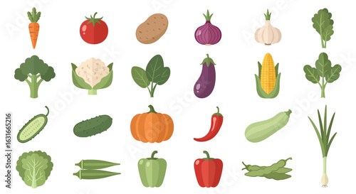 Collection of fresh and healthy vegetable illustrations. Set of colorful food icons isolated on a white background.