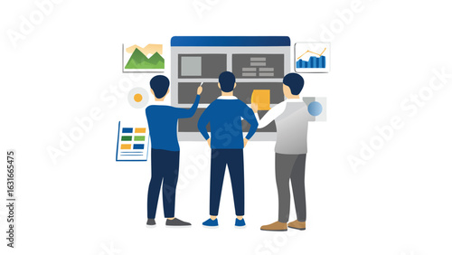 Three people collaborating on a project with charts and graphs on a whiteboard in a modern setting