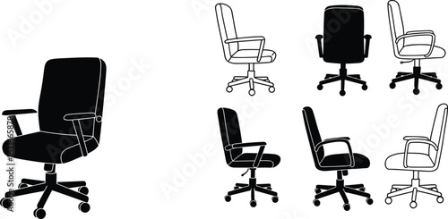 Office chair vector illustrations – black and white ergonomic swivel desk chairs with armrests and wheels