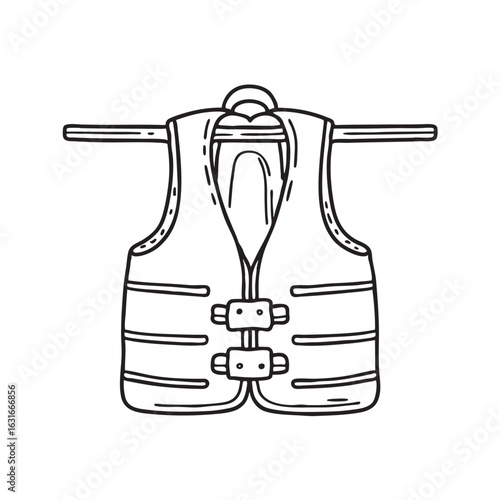 doodle illustration of a life vest draped over doodle illustration of a boat’s safety rail
