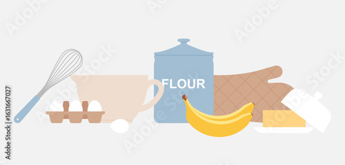 Baking ingredients and tools on a white background, including flour, eggs, bananas, butter, a mixing bowl, whisk, and oven mitt. Simple illustration, stock flat vector, isolated.