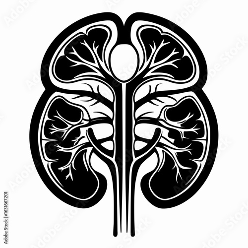Stylized black and white anatomical kidney illustration with intricate branching vessels and organic curves