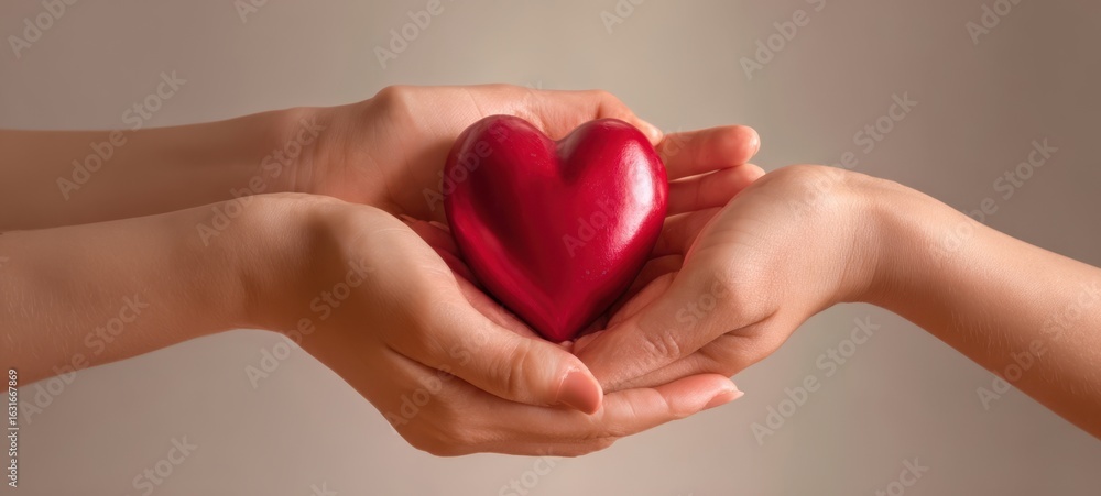 Obraz premium The beautiful red heart shared between two caring hands.