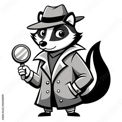 Curious badger detective in trench coat and fedora holds magnifying glass, ready for investigation