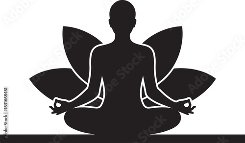 Serene meditation practice in lotus position. A silhouette graphic representing mindfulness, balance, and spiritual energy.