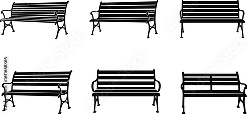 Park bench vector set, black silhouette and outline, various vintage and modern outdoor seating illustrations, side and front views.