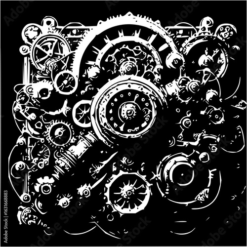 A complex arrangement of gears and cogs in white against a black background creating a mechanical design