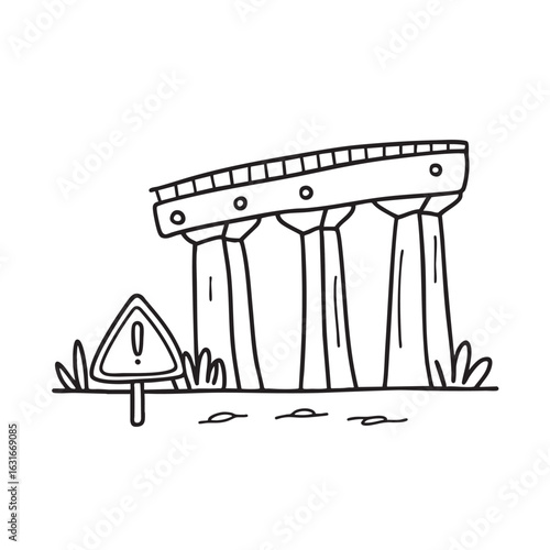 doodle illustration of a caution sign standing near doodle illustration of a structural viaduct column
