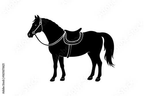 Silhouette of a Horse with a Saddle and Decorative Tack – Minimal Vector Isolated on White Background