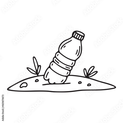 doodle illustration of a plastic bottle lying on beach sand