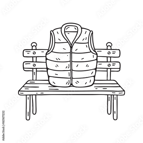 doodle illustration of a folded puffer vest on a wooden seat
