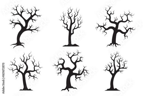Set of  isolated spooky trees silhouettes on transparent background. Collection of bare trees. Leafless trees. Scary Halloween decoration set. Dead trees silhouettes. Doodle flat vecor illustration. 