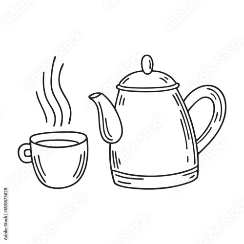 doodle illustration of a steaming teapot placed near doodle illustration of a cup