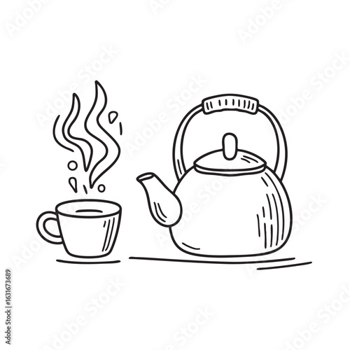 doodle illustration of a hot teapot emitting steam beside doodle illustration of a cup