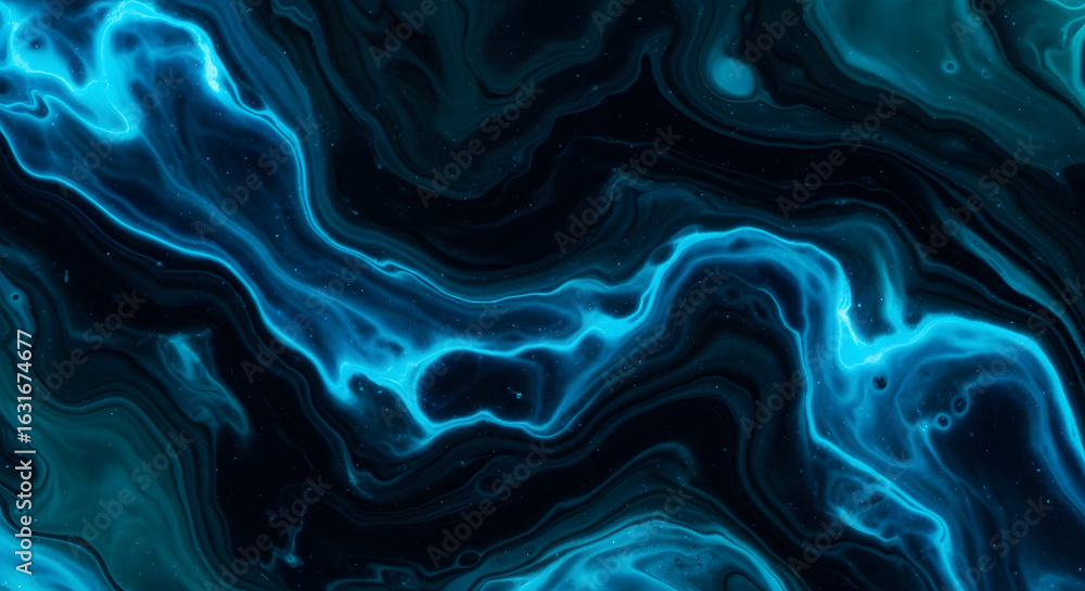 Obraz premium Abstract image of swirling blue and black liquid, creating a marbled effect with bright, glowing veins.