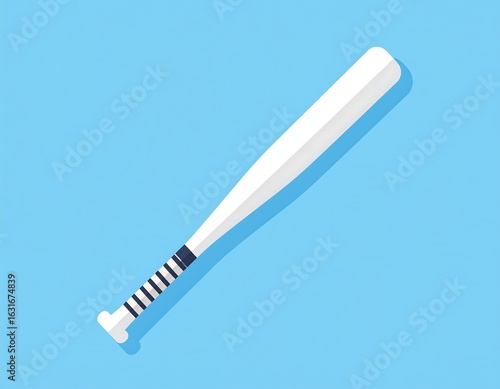 Flat design illustration of a white baseball bat against a light blue background