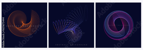 Gradient abstract spiral lines. Trendy 3D line set in 80s–90s retro style for promos, banners, posters, social media, cards, and covers. Network technology background. Vector illustration.