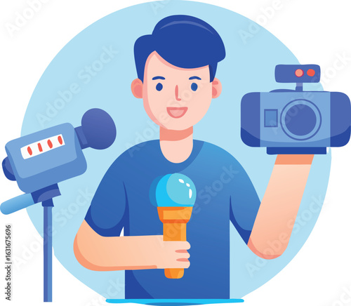 Flat art style reporter holding a microphone while filming with a camera and light
