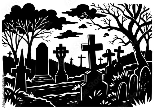 Foggy Graveyard at Sunrise Silhouette