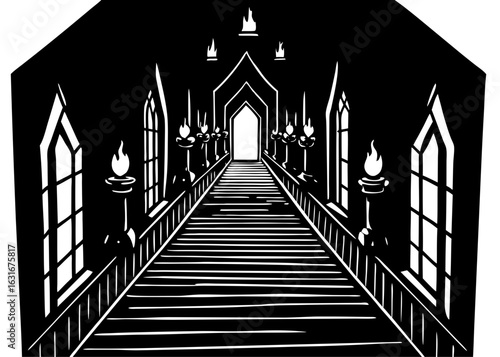 Silhouette of Gothic Hallway with Torches