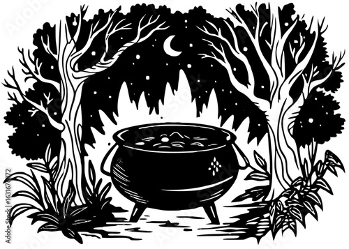 Cauldron Bubbling in Forest Silhouette