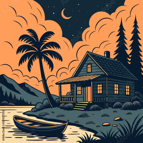 Cabin by lake, boat, autumn trees, sunset.