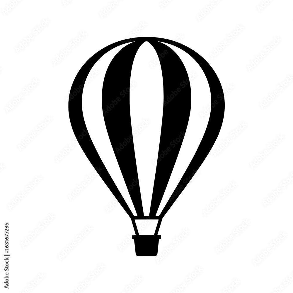 Obraz premium Black and white vector illustration of a hot air balloon with vertical stripes. Simple monochrome graphic of an air balloon - travel, adventure, tourism icon. Minimalist design element.