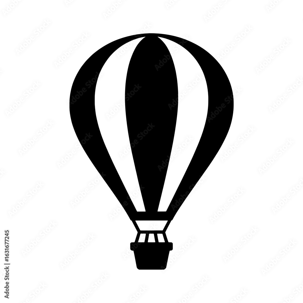 Fototapeta premium Black and white vector illustration of a hot air balloon with vertical stripes. Monochrome graphic icon of an air balloon with a basket - travel, adventure, flight concept. Simple, minimalist design 
