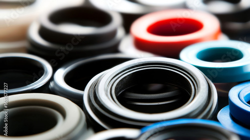 Close-up macro of mechanical sealing rings. Colorful industrial o-rings and gaskets.