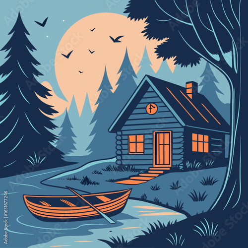 Cabin by lake, boat, autumn trees, sunset.