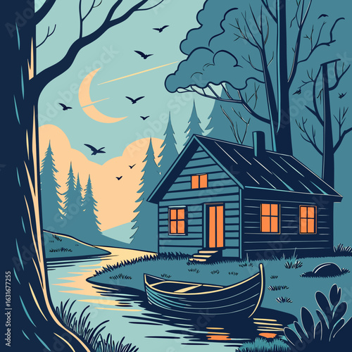Cabin by lake, boat, autumn trees, sunset.