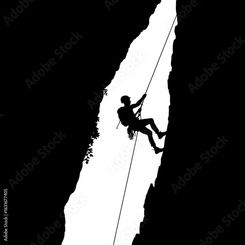 Black and white vector silhouette illustration of a climber rappelling down a steep rocky cliff face. Monochrome graphic of extreme sports, adventure, challenge, and courage. Design element for poster