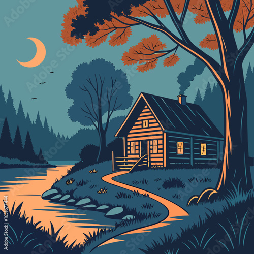 Cabin by lake, boat, autumn trees, sunset.
