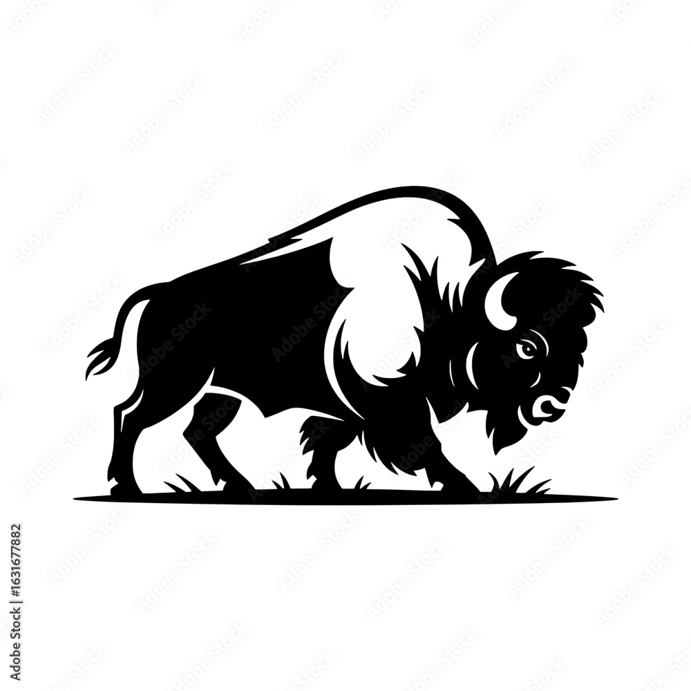 Obraz premium Stylized Bison Vector Illustration: Monochrome silhouette of an American buffalo, detailed horns and fur, grazing in grassy field. Bold black and white graphic, ideal for logos, emblems, and wildlife