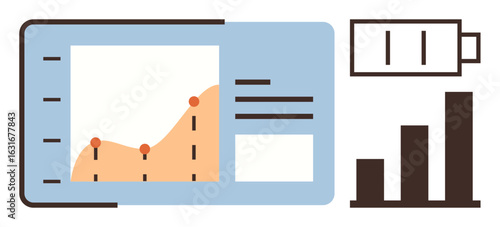 Line graph and bar chart on analytics dashboard next to battery level icon denoting performance insights and monitoring. Ideal for data visualization, business growth, energy tracking, presentations