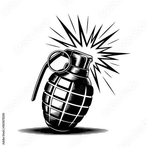 Vintage monochrome illustration of a grenade with a lit fuse, explosion starburst, hand-drawn, etched or engraved style, black ink on white background. Military, weapon, explosive concept.