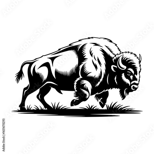 Charging bison woodcut illustration. Black and white vector graphic of an American buffalo in motion, detailed fur and grass. Vintage style wildlife art, monochrome mammal drawing for logos, emblems, 