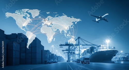 Global logistics and transportation hub with cargo ship planes and containers