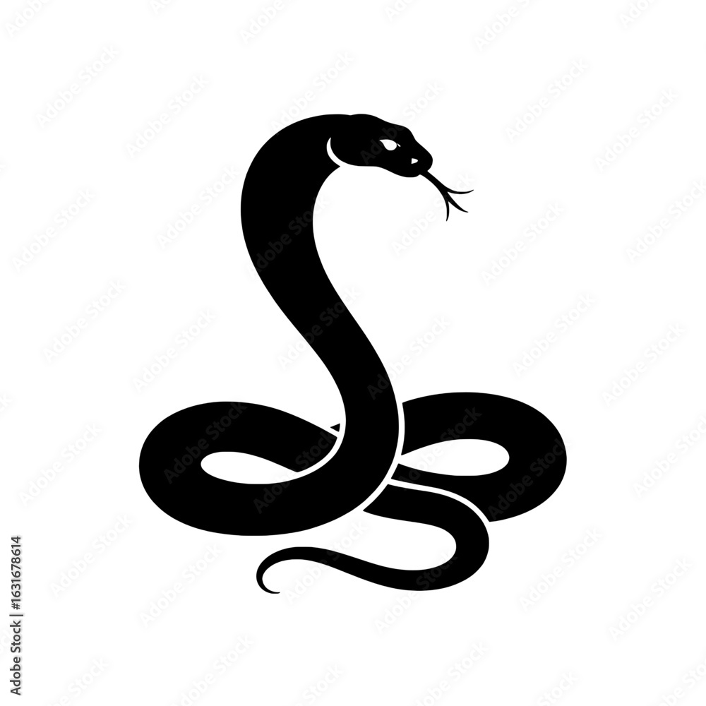 Obraz premium Stylized cobra snake vector illustration. Monochrome serpent icon, logo, or tattoo design. Black and white drawing of a coiled snake with raised hood, simple graphic. Wildlife, reptile, danger, and el
