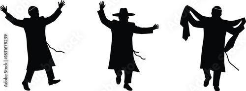 Silhouette of Hasidic Jewish men dancing with arms raised, wearing kippahs, tallit, and hats in black vector style