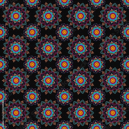 A seamless digital illustration of a vibrant mandala pattern featuring floral and geometric elements. This design blends boho and traditional Asian motifs with bold colors including teal, magenta.