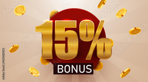 15 percent bonus with falling golden coins. Cashback or prize concept. Vector illustration