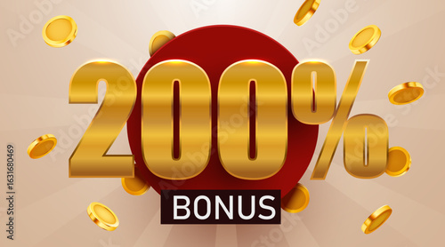 200 percent bonus with falling golden coins. Cashback or prize concept. Vector illustration