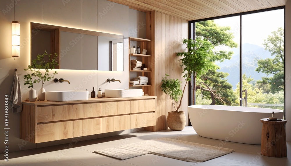 Fototapeta premium Tiny Japandi bathroom with natural wood finishes, built-in storage, and soft diffused lighting creates a cozy, minimalist space blending Japanese simplicity and Scandinavian warmth. 