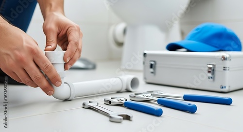 Plumber assembling white plastic pipe with tools and toolbox